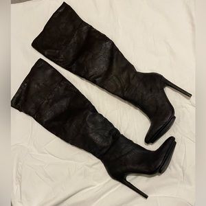 Thigh high crushed suede heeled boots